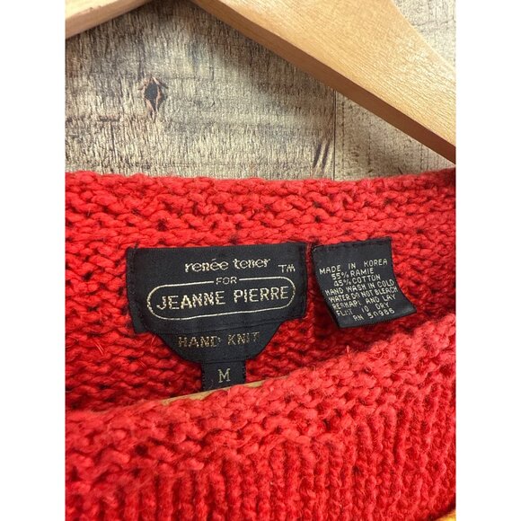 Vintage Jeanne Pierre Hand Knit Red Sweater With Multicolor Abstract Design M - Picture 2 of 6